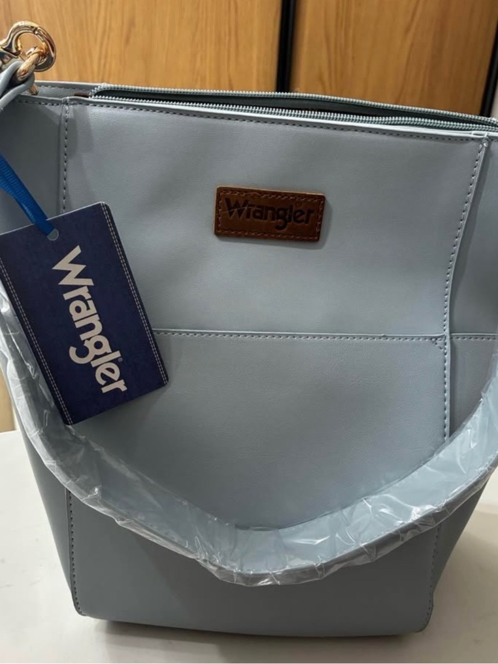 Wrangler Women's Pale Blue Shoulder Tote with Brown Logo Patch